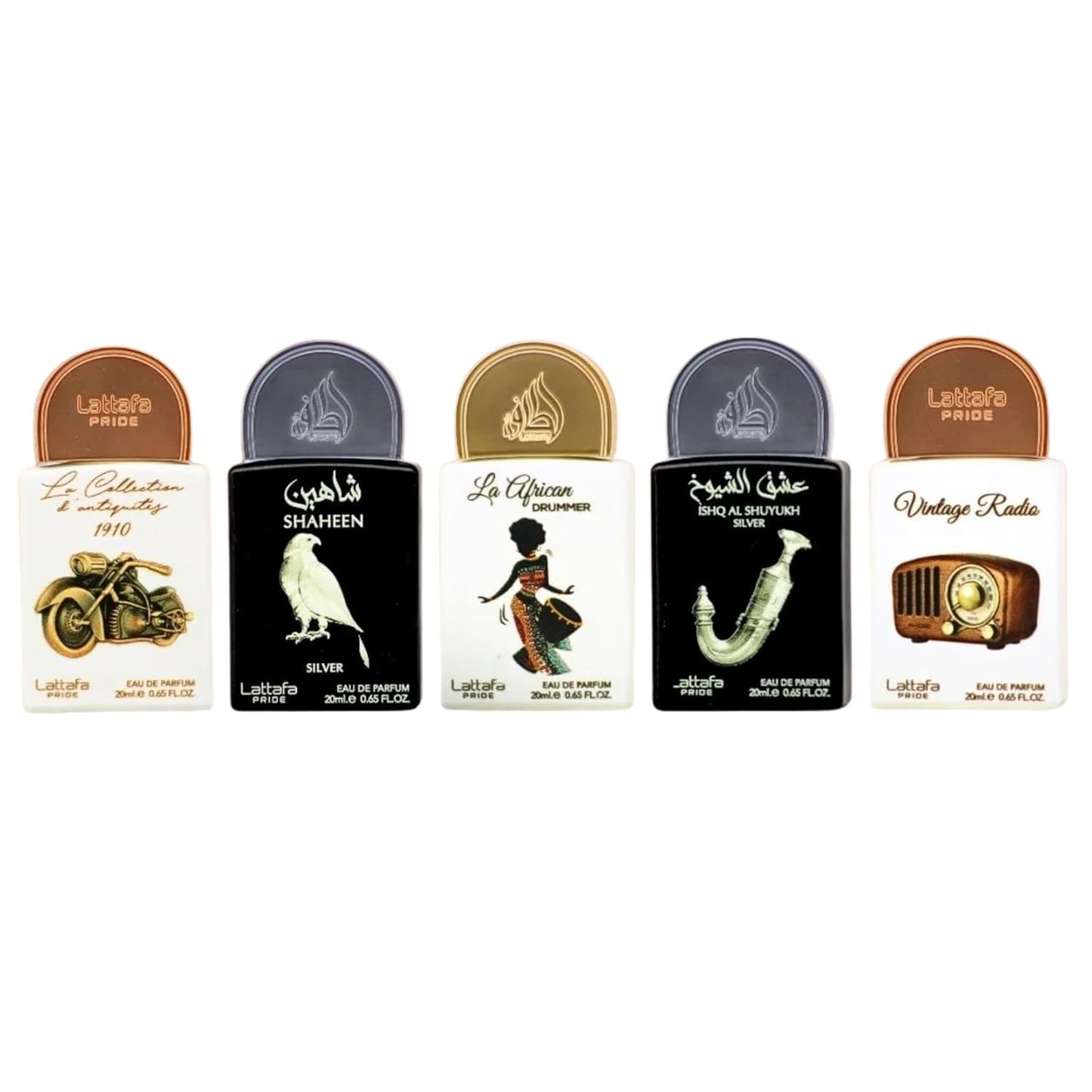 Lattafa Pride. shaheen silver, african drummer, shuyukh silver. vintage radio 20ml x 5pcs Gift Set (estuche)  Original