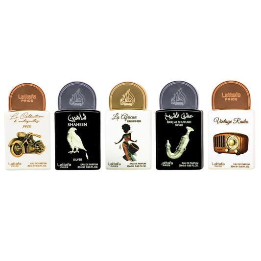 Lattafa Pride. shaheen silver, african drummer, shuyukh silver. vintage radio 20ml x 5pcs Gift Set (estuche)  Original